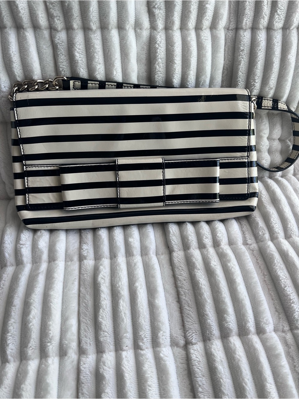 Kate Spade Striped Black and White Patent Shoulder Bag with Bow Accent